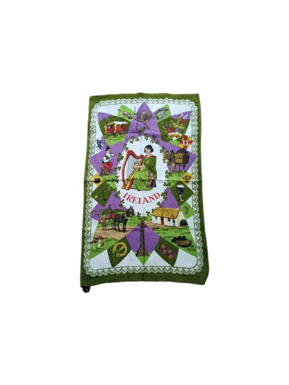 Ireland Irish Linen Tea Towel Leprechaun Lady with Harp Mushroom Fairies